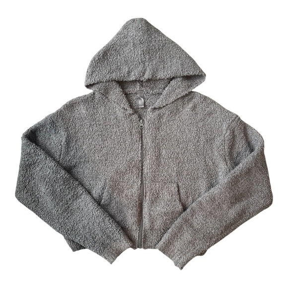 SKIMS Cozy Knit Cropped Zip Hoodie L/XL‎ Gray Plush Jacket Fuzzy Lounge Teddy